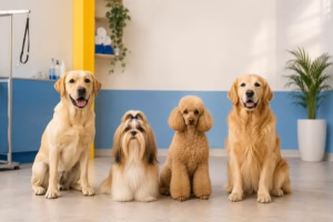 Labrador, Shih Tzu, Poodle e Golden Retriever representando diferentes tipos de pelagem para banho e tosa.
