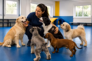 Profissional experiente interagindo com cães de diferentes portes em ambiente seguro de creche para cães.